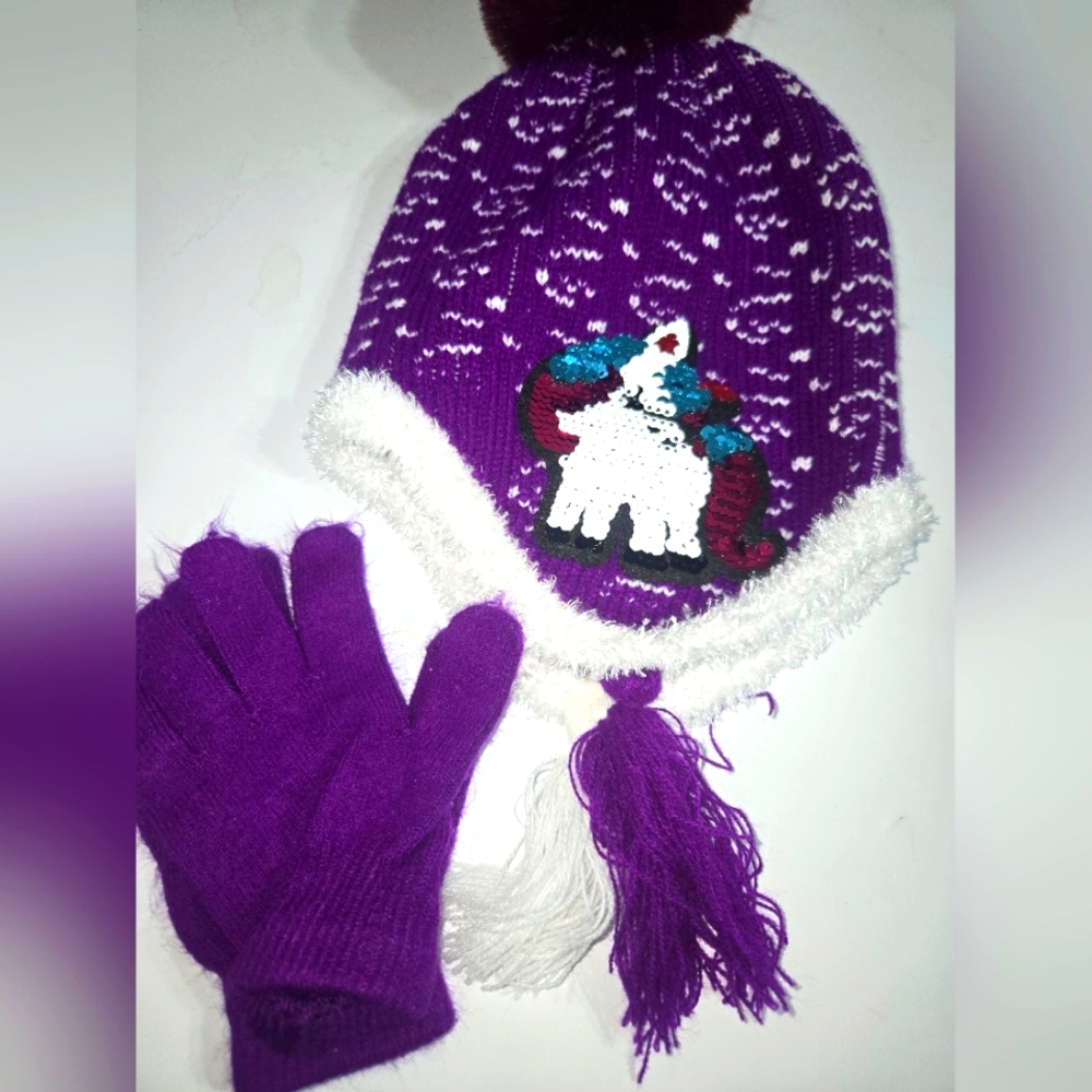 Girls Purple Unicorn Flip Sequin Winter Hat and Glove Set